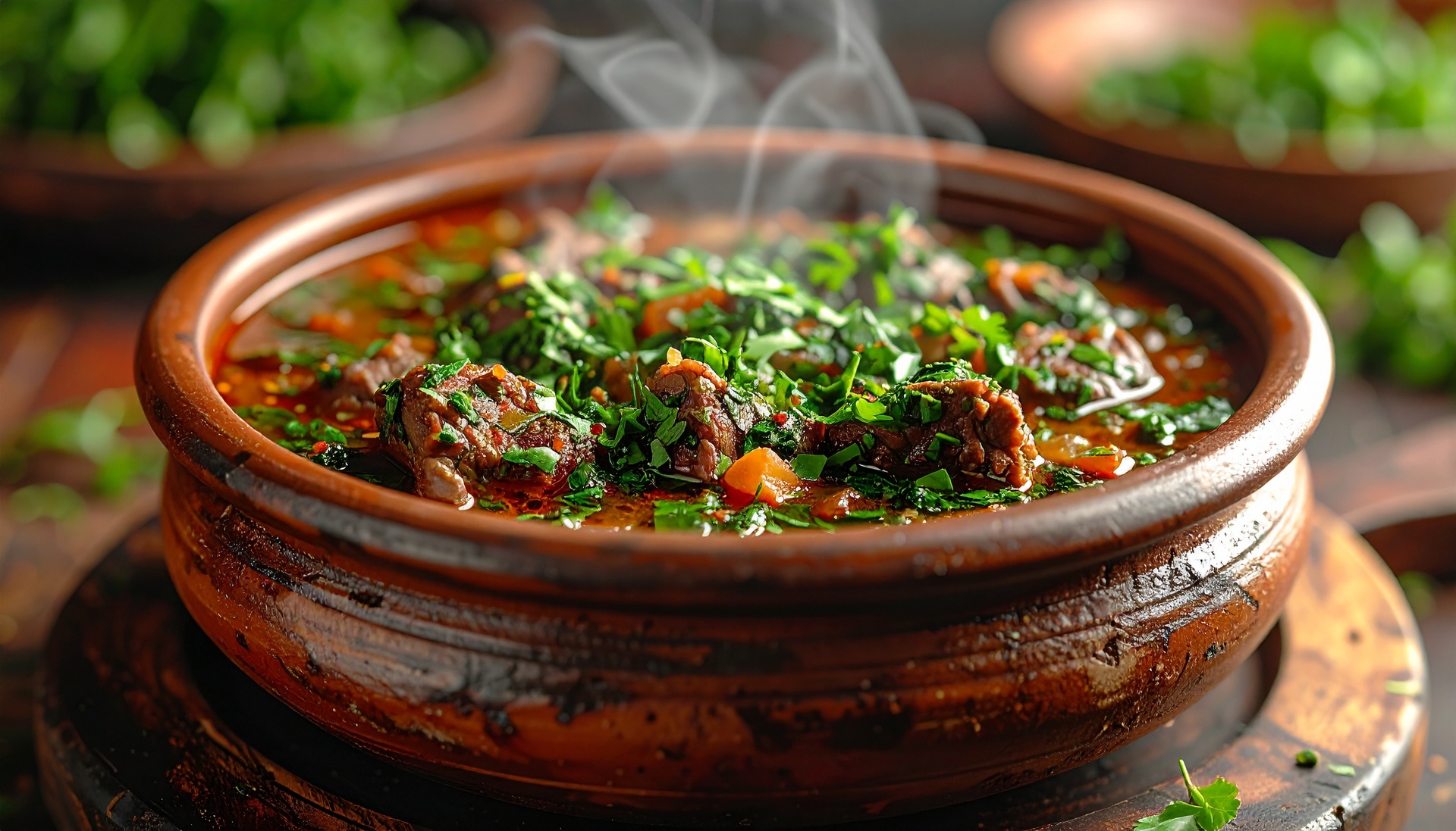 Hearty Beef Stew with Fresh Herbs in Rustic Bowl. chicken onion and raisens