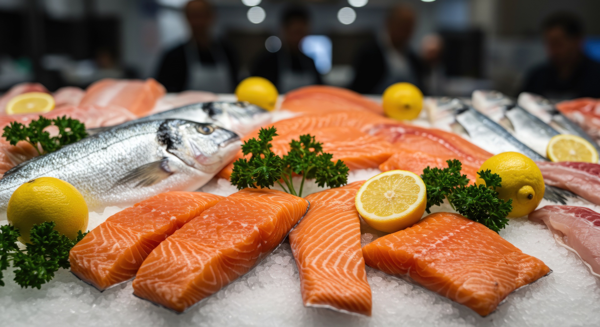 Fresh fish and salmon fillets on ice at market Ewal Kabsa